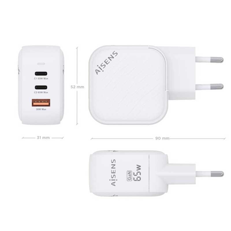 AISENS cargador Gan 65W, 2xUSB-C PD3.0 QC4.0, 1xUSB-A QC3.0, Blanco - Imagen 2