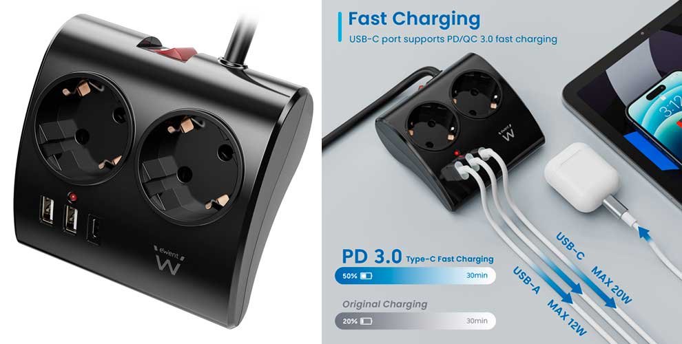 Regleta de 2 vías con 2 cargadores USB y 1 cargador USB-C, con enchufe Schuko de 16A