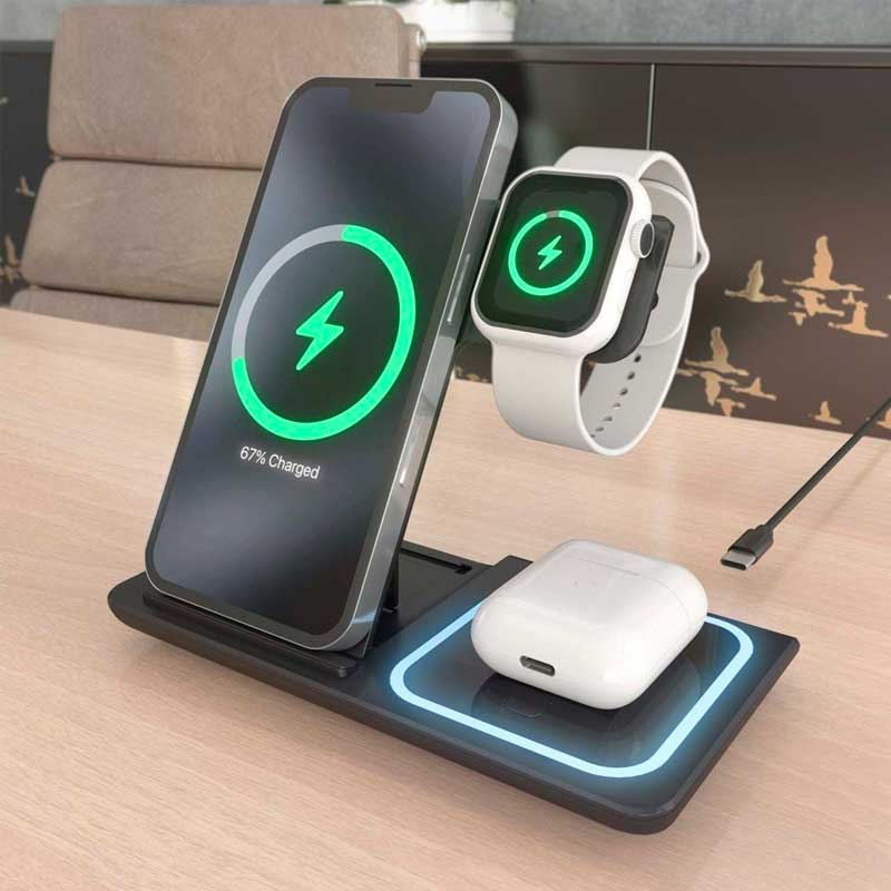 Cargador Inalámbrico USB-C 3 en 1 de 15W Móvil, Negro - Imagen 3