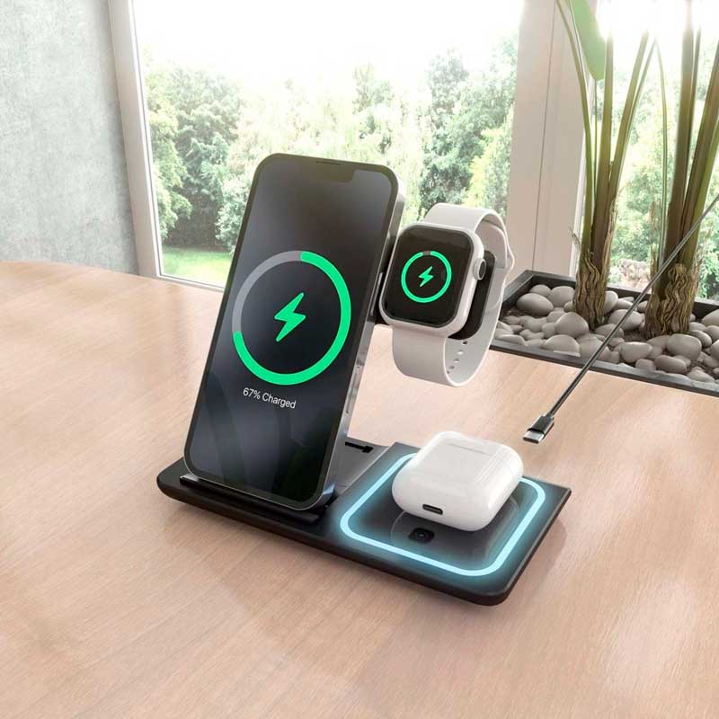Cargador Inalámbrico USB-C 3 en 1 de 15W Móvil, Negro - Imagen 2