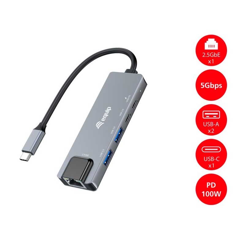 equip adaptador multifuncional 5en1 2.5GbE, USB-A x2, USB-C x1, USB-C, 100w USB PD - Imagen 2