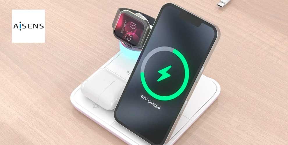 Cargador Inalámbrico USB-C 4 en 1 de 15W para Móvil, Apple Watch, Auriculares con Estuche de Carga, Blanco