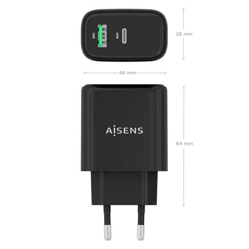 AISENS cargador GaN45w 1xUSB-C PD3.0 QC4.0, 1xUSB-A QC3.0 - Imagen 2